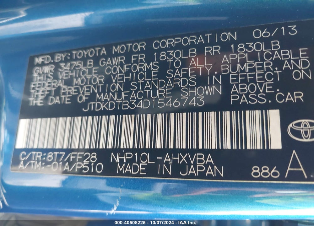 2013 TOYOTA PRIUS C TWO VIN: JTDKDTB34D1546743