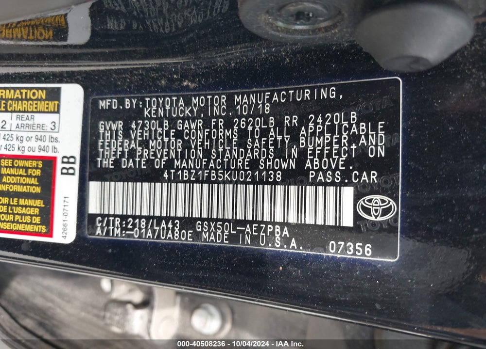 2019 TOYOTA AVALON LIMITED VIN: 4T1BZ1FB5KU021138