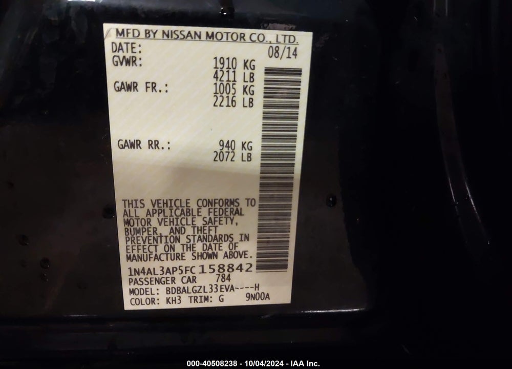 2015 NISSAN ALTIMA 2.5 S VIN: 1N4AL3AP5FC158842