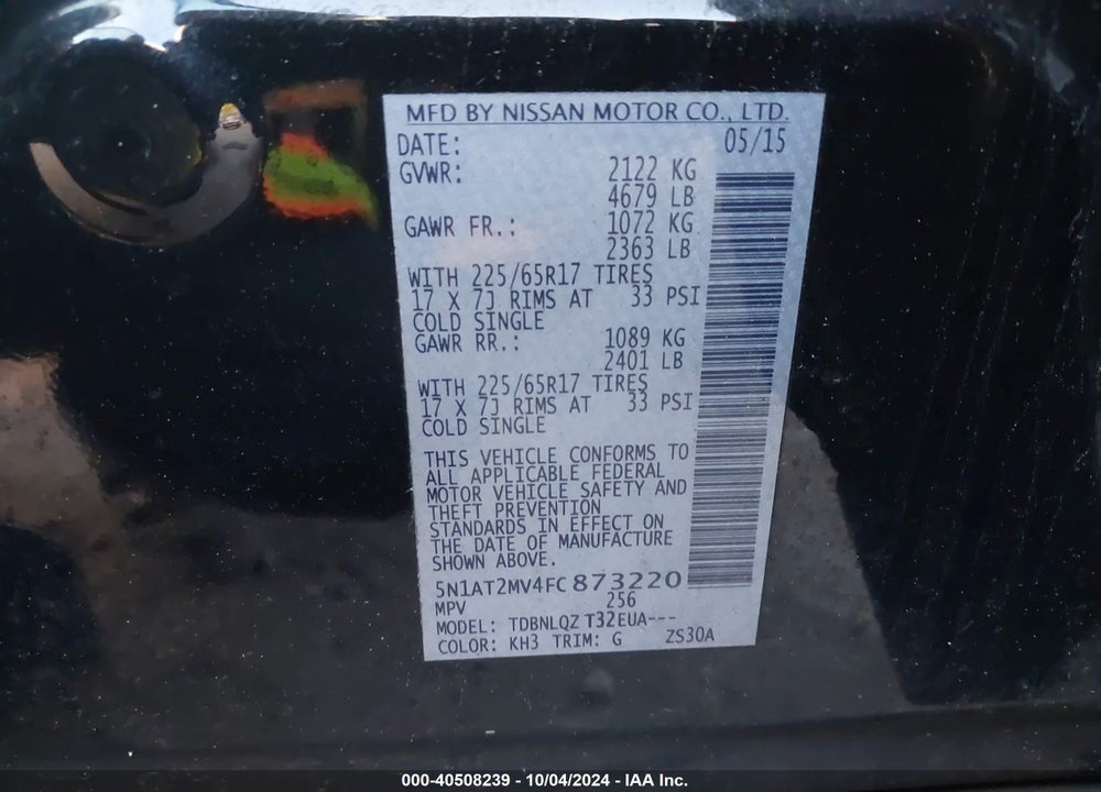 2015 NISSAN ROGUE SV VIN: 5N1AT2MV4FC873220