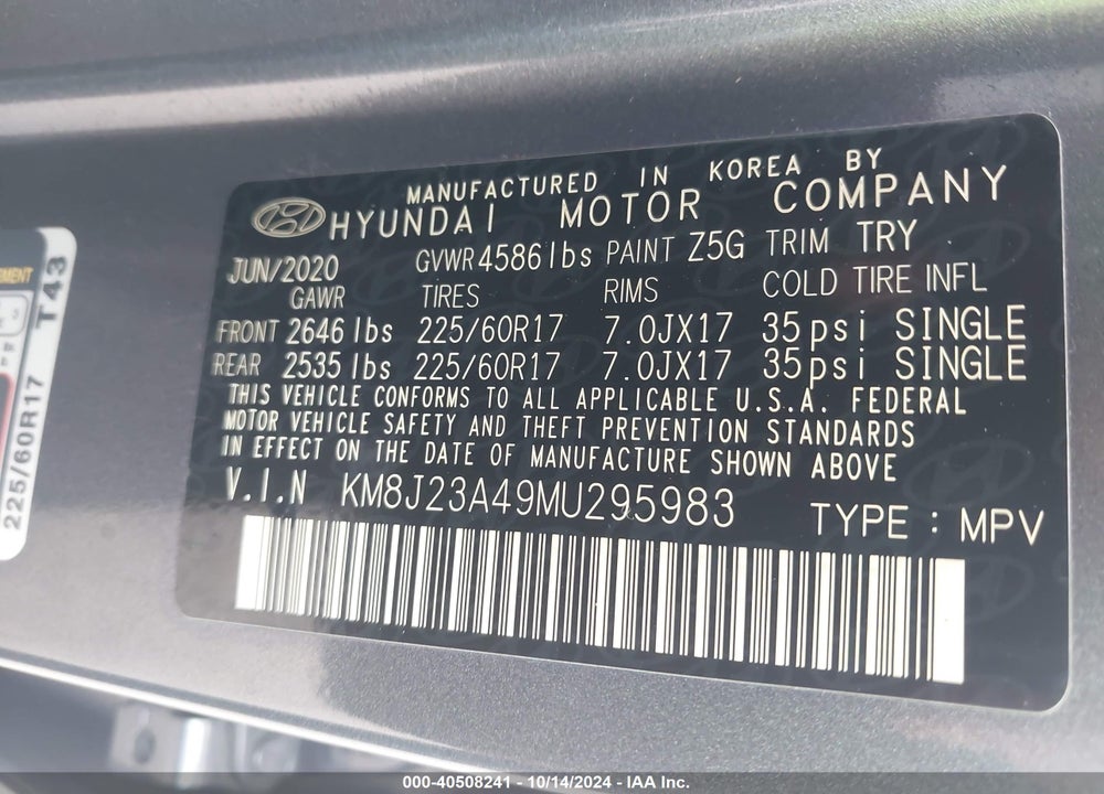 2021 HYUNDAI TUCSON SE VIN: KM8J23A49MU295983
