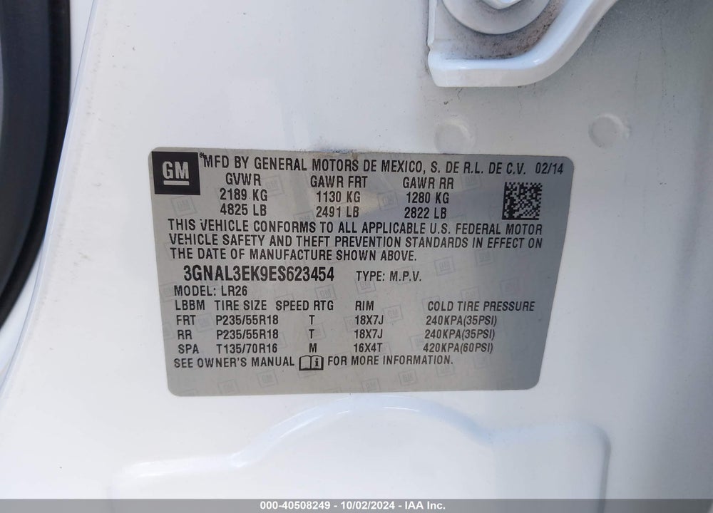 2014 CHEVROLET CAPTIVA SPORT LT VIN: 3GNAL3EK9ES623454