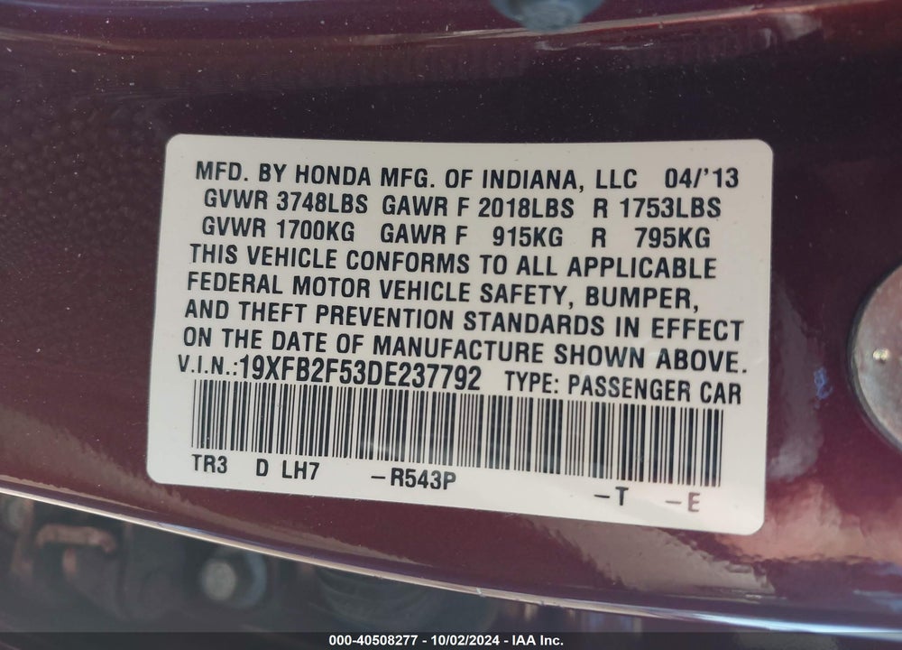 2013 HONDA CIVIC LX VIN: 19XFB2F53DE237792