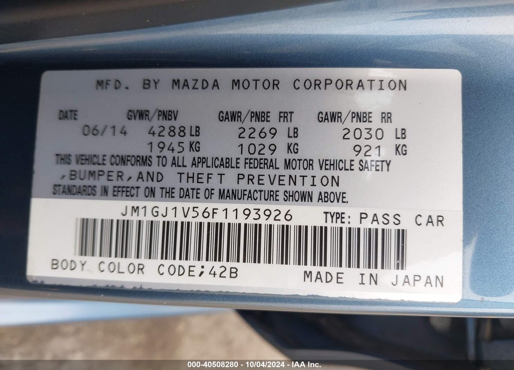 2015 MAZDA 6 I TOURING VIN: JM1GJ1V56F1193926