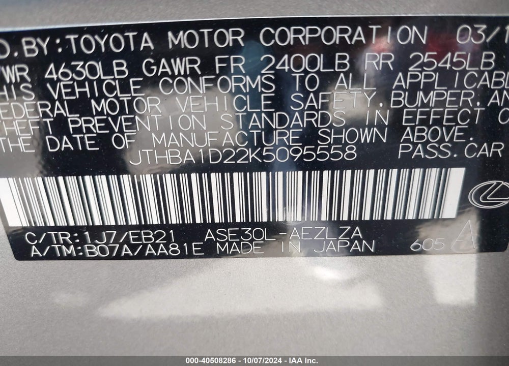2019 LEXUS IS 300 VIN: JTHBA1D22K5095558
