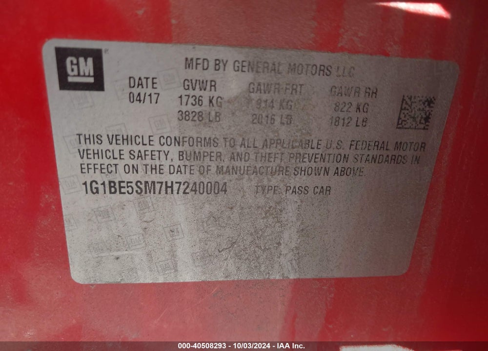 2017 CHEVROLET CRUZE LT AUTO VIN: 1G1BE5SM7H7240004