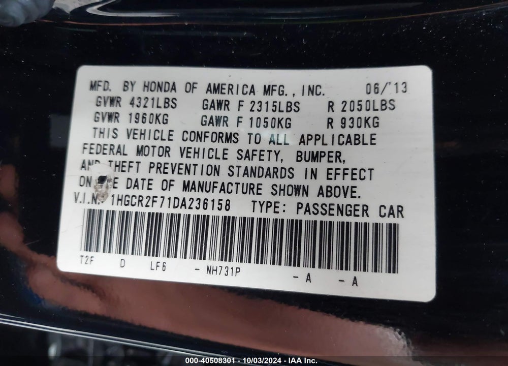 2013 HONDA ACCORD EX VIN: 1HGCR2F71DA236158