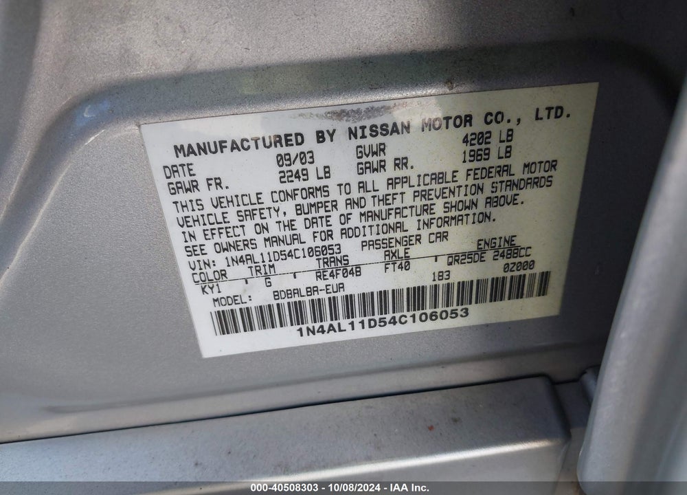 2004 NISSAN ALTIMA 2.5 S VIN: 1N4AL11D54C106053