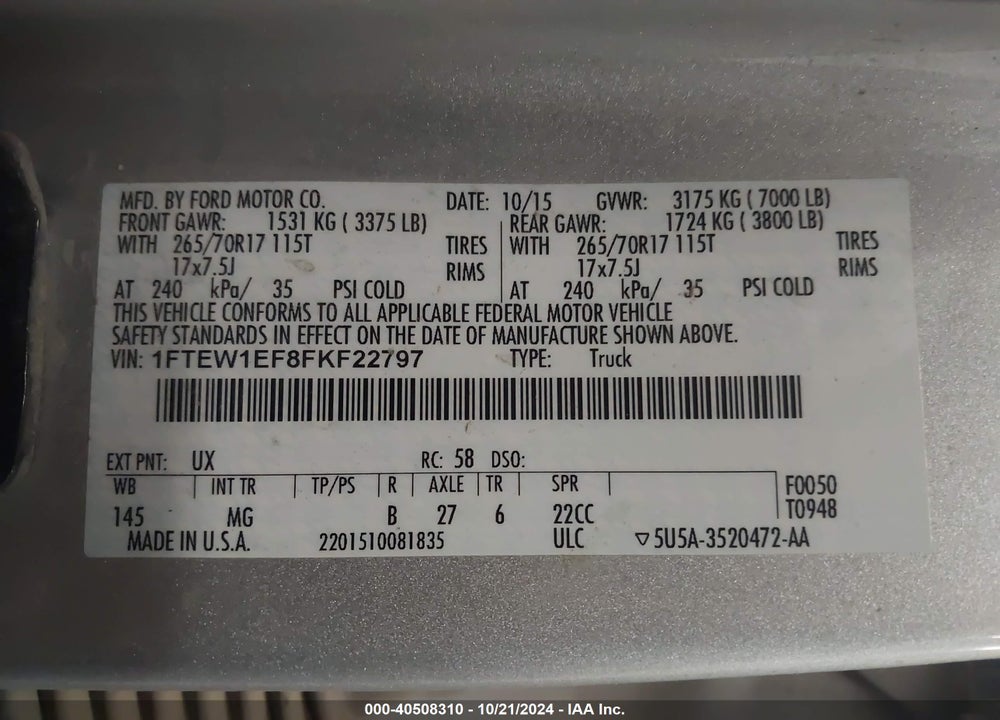 2015 FORD F-150 XLT VIN: 1FTEW1EF8FKF22797