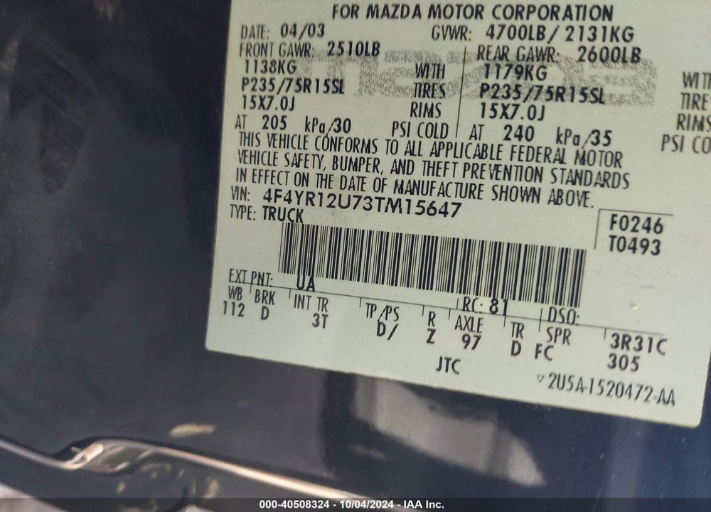 2003 MAZDA B3000 DS VIN: 4F4YR12U73TM15647