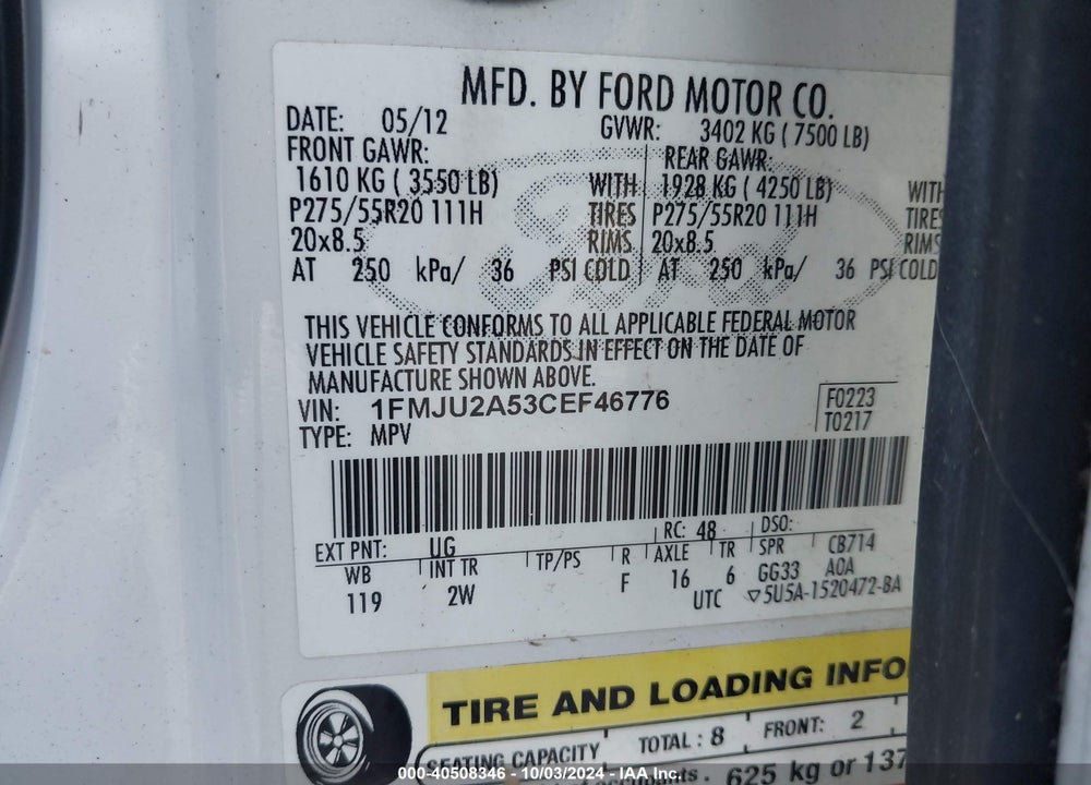 2012 FORD EXPEDITION LIMITED VIN: 1FMJU2A53CEF46776