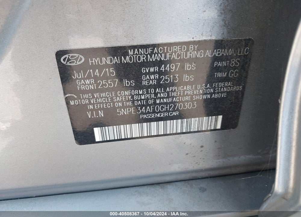 2016 HYUNDAI SONATA SPORT VIN: 5NPE34AF0GH270303