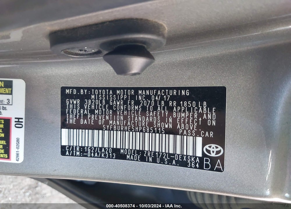 2017 TOYOTA COROLLA XSE VIN: 5YFBURHE5HP685115