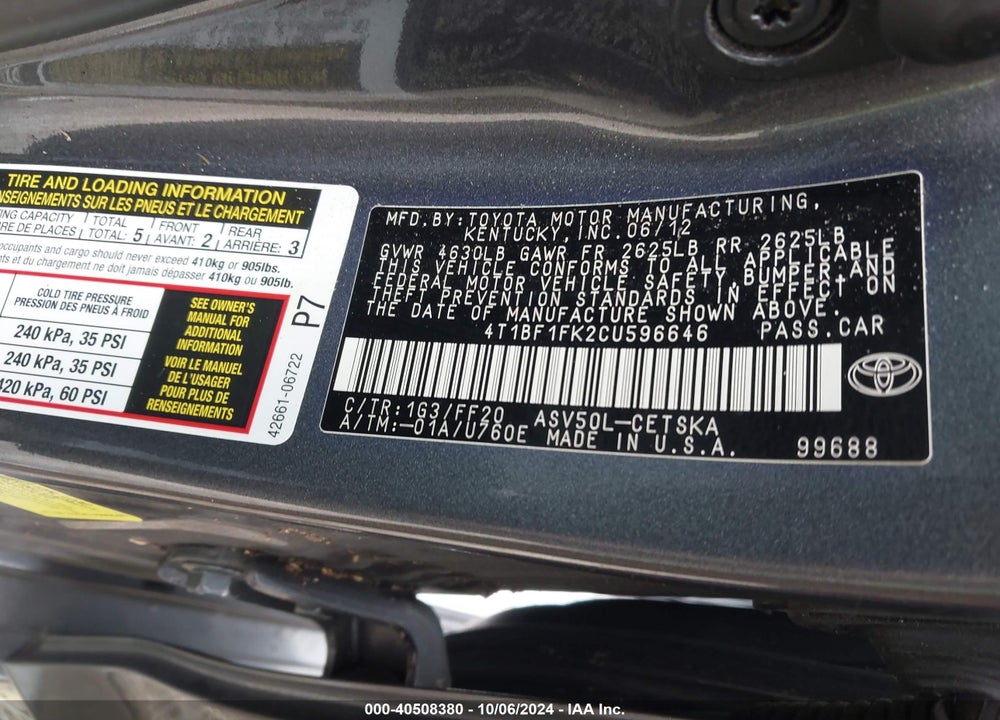 2012 TOYOTA CAMRY SE VIN: 4T1BF1FK2CU596646