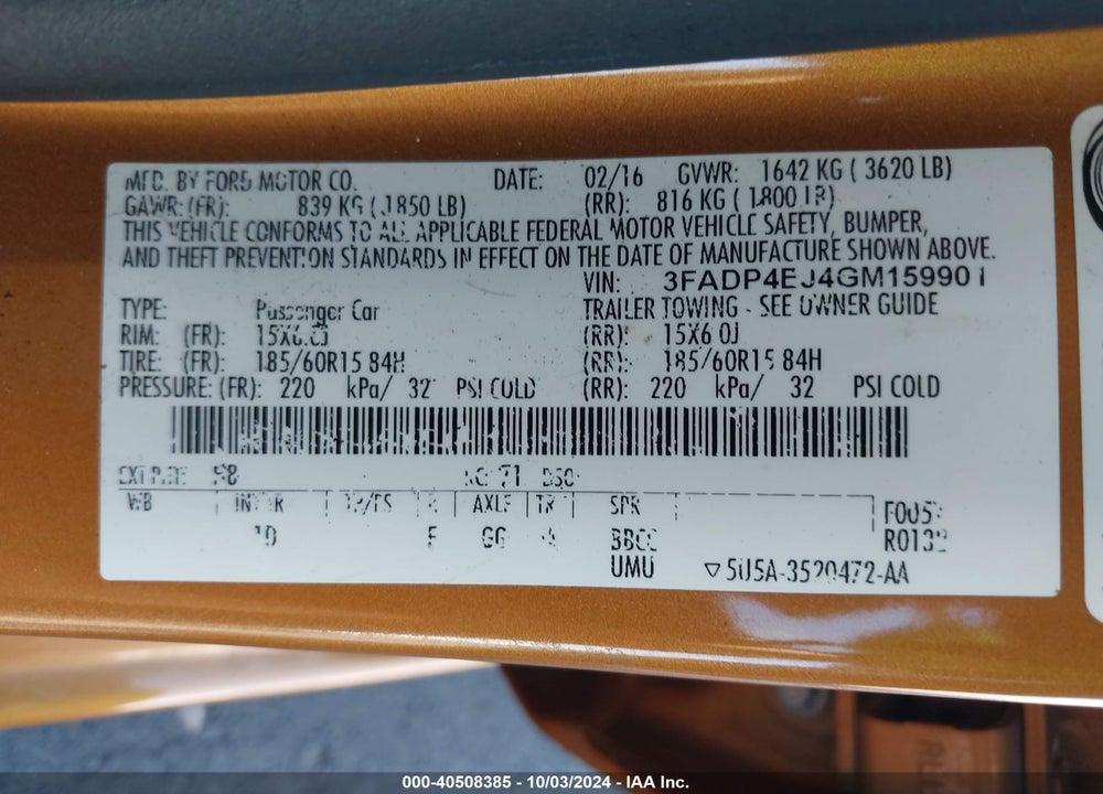2016 FORD FIESTA SE VIN: 3FADP4EJ4GM159901