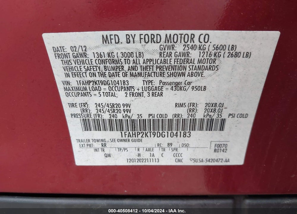 2013 FORD TAURUS SHO VIN: 1FAHP2KT9DG104183