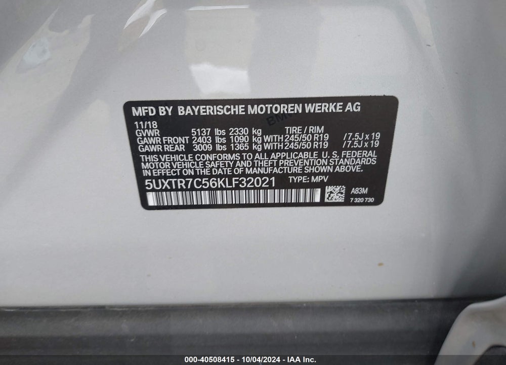 2019 BMW X3 SDRIVE30I VIN: 5UXTR7C56KLF32021