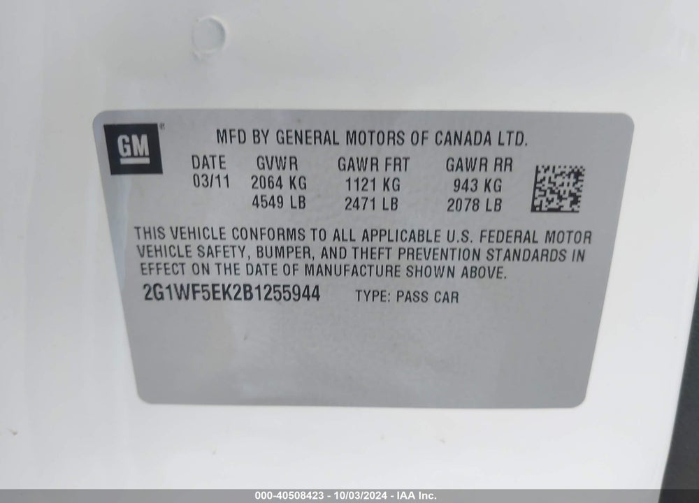 2011 CHEVROLET IMPALA VIN: 2G1WF5EK2B1255944