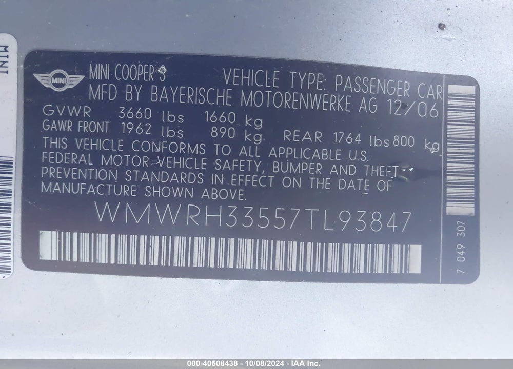 2007 MINI COOPER S VIN: WMWRH33557TL93847