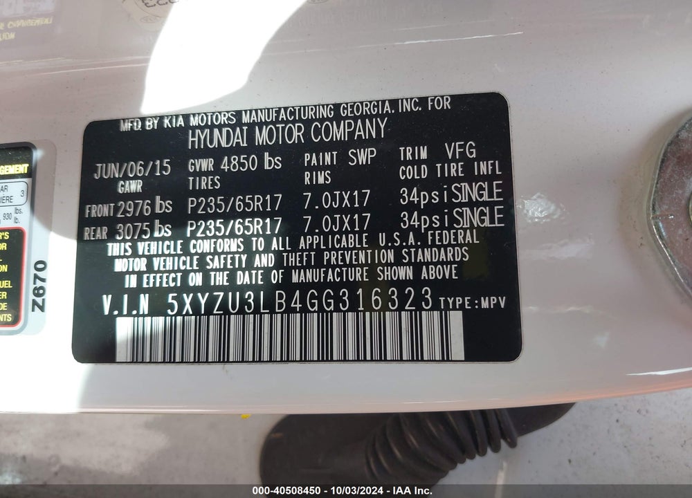 2016 HYUNDAI SANTA FE SPORT 2.4L VIN: 5XYZU3LB4GG316323