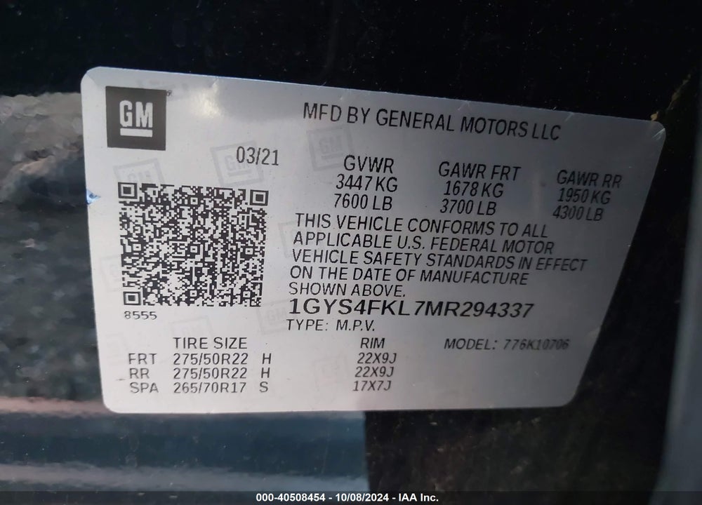 2021 CADILLAC ESCALADE 4WD SPORT VIN: 1GYS4FKL7MR294337