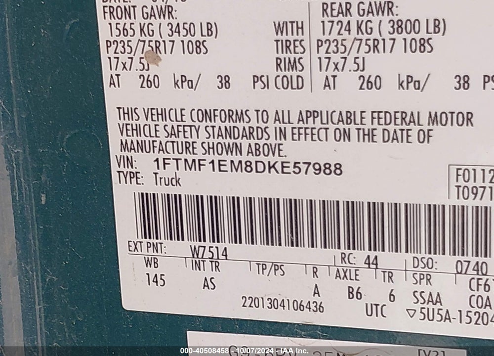 2013 FORD F-150 XL VIN: 1FTMF1EM8DKE57988