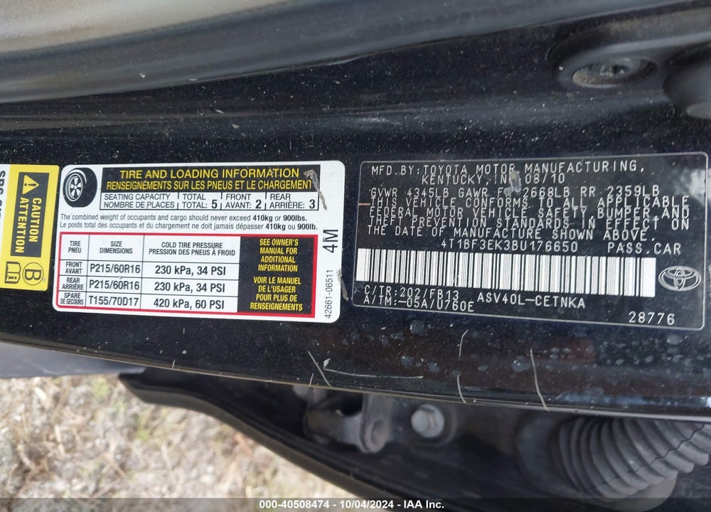 2011 TOYOTA CAMRY LE VIN: 4T1BF3EK3BU176650