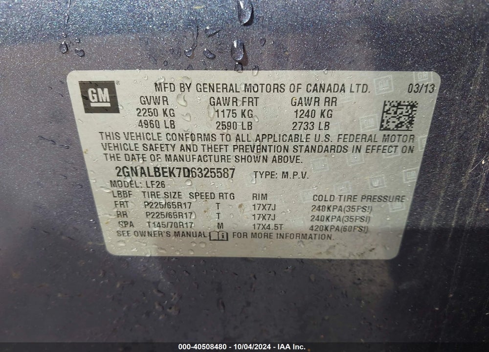 2013 CHEVROLET EQUINOX LS VIN: 2GNALBEK7D6325587