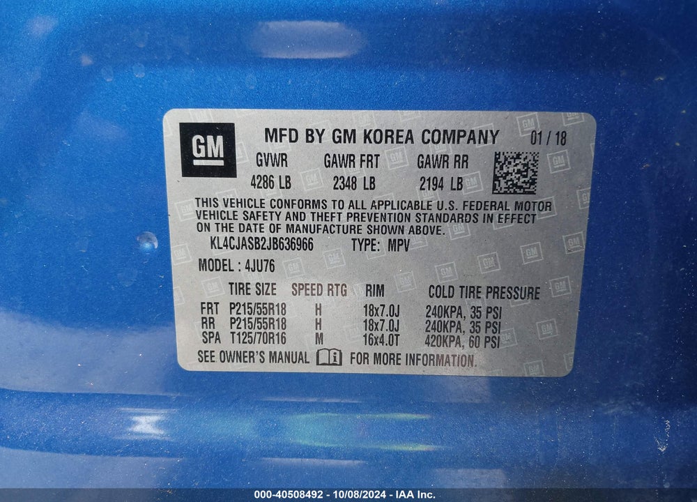 2018 BUICK ENCORE PREFERRED VIN: KL4CJASB2JB636966