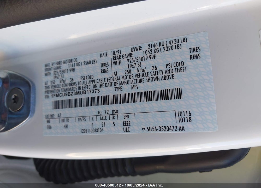 2021 FORD ESCAPE SE HYBRID VIN: 1FMCU9BZ3MUB17373
