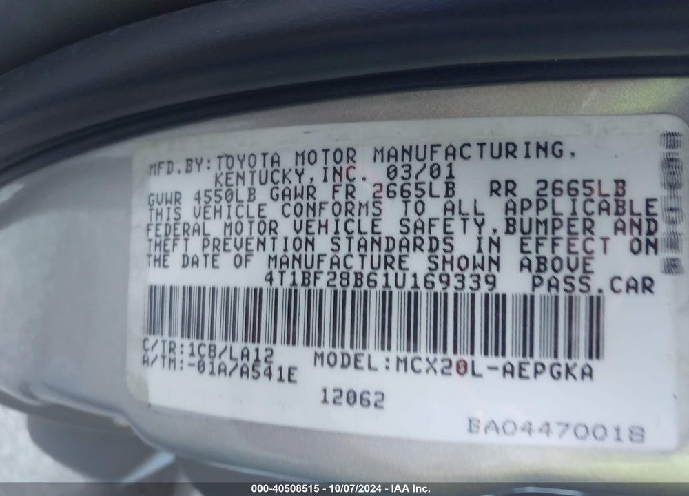 2001 TOYOTA AVALON XLS VIN: 4T1BF28B61U169339
