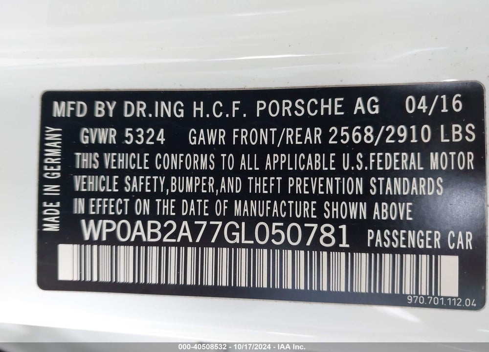 2016 PORSCHE PANAMERA S VIN: WP0AB2A77GL050781