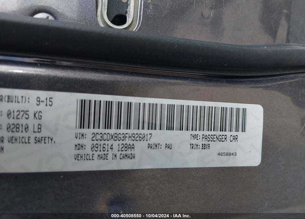 2015 DODGE CHARGER SE VIN: 2C3CDXBG3FH926017