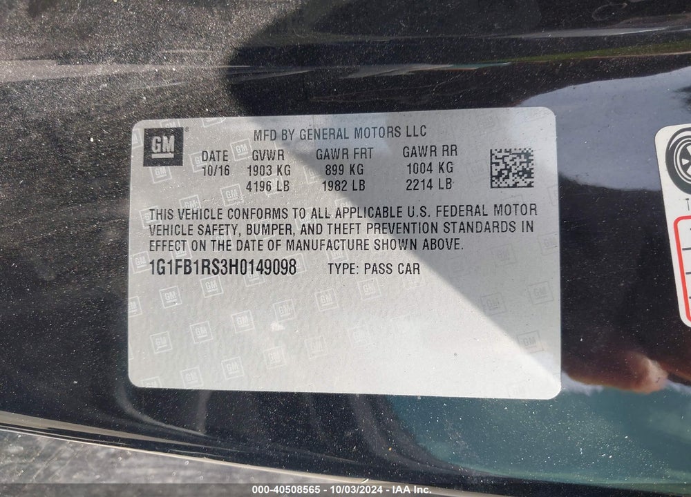 2017 CHEVROLET CAMARO VIN: 1G1FB1RS3H0149098