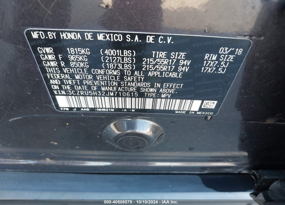 2018 HONDA HR-V LX VIN: 3CZRU5H32JM710615