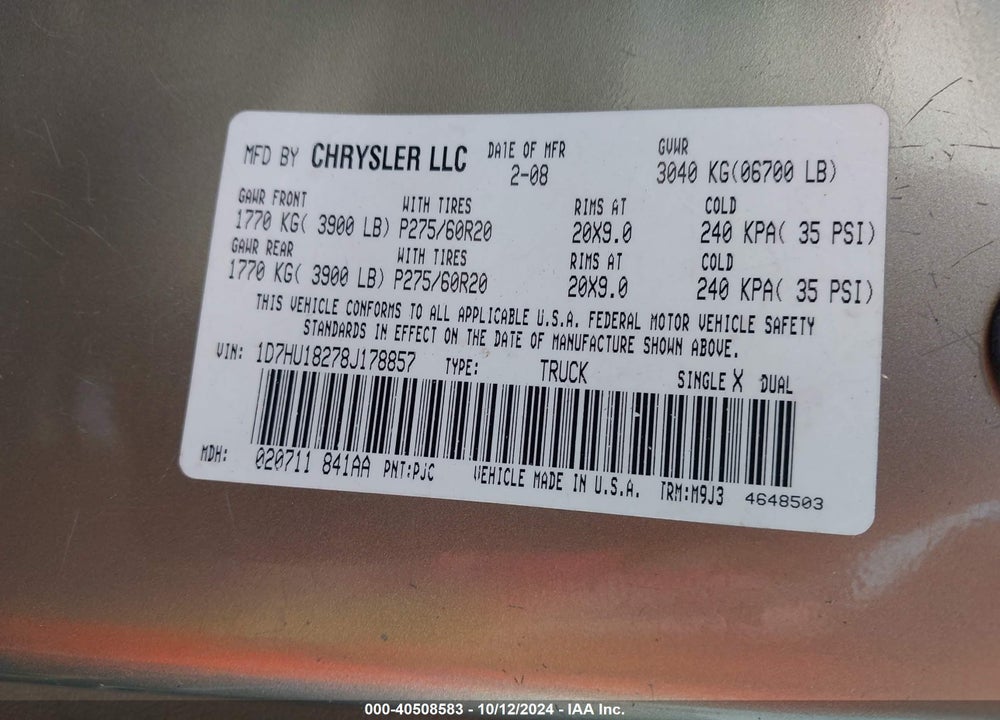 2008 DODGE RAM 1500 SLT VIN: 1D7HU18278J178857