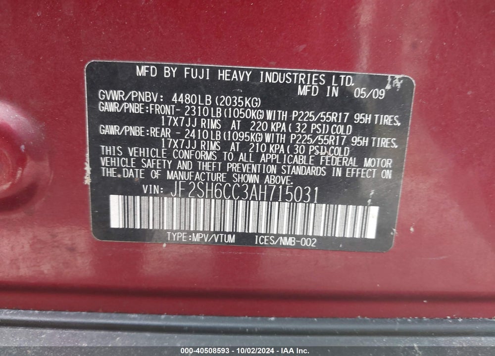 2010 FORESTER SUBARU  2.5X PREMIUM VIN: JF2SH6CC3AH715031