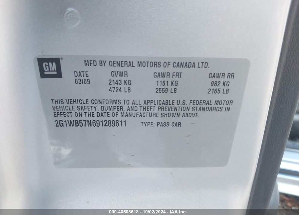 2009 CHEVROLET IMPALA LS VIN: 2G1WB57N691289611