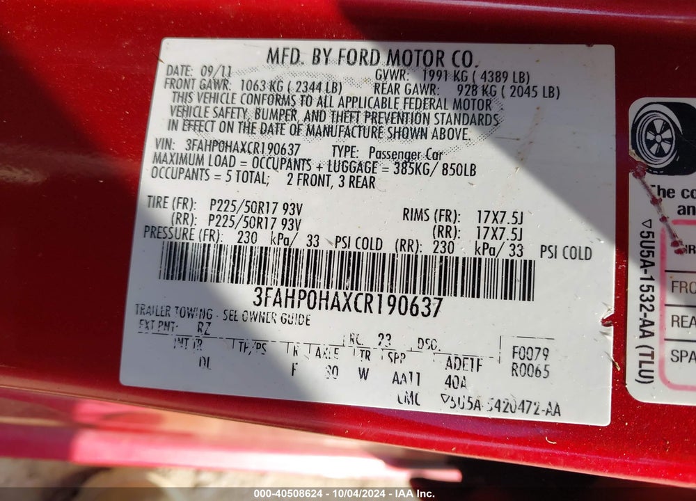 2012 FORD FUSION SE VIN: 3FAHP0HAXCR190637