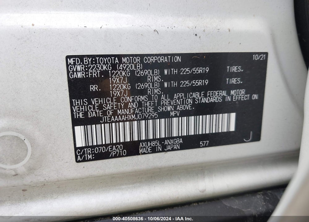2021 TOYOTA VENZA XLE VIN: JTEAAAAHXMJ079295