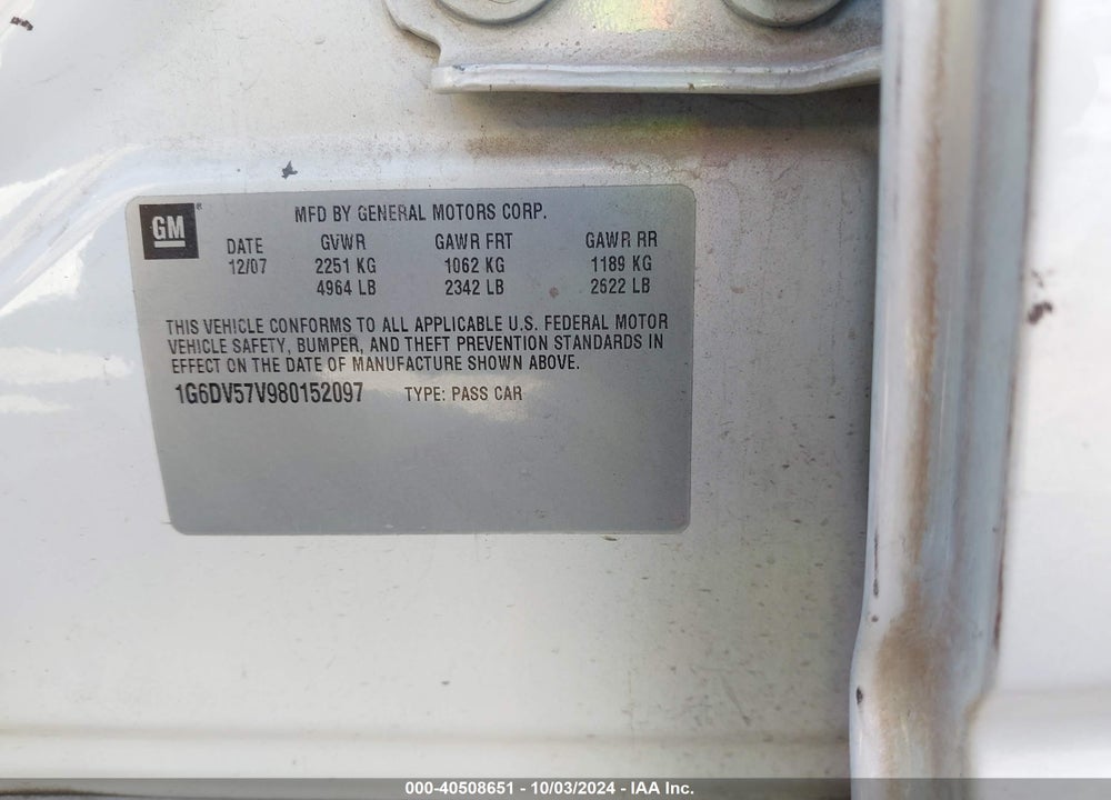 2008 CADILLAC CTS STANDARD VIN: 1G6DV57V980152097