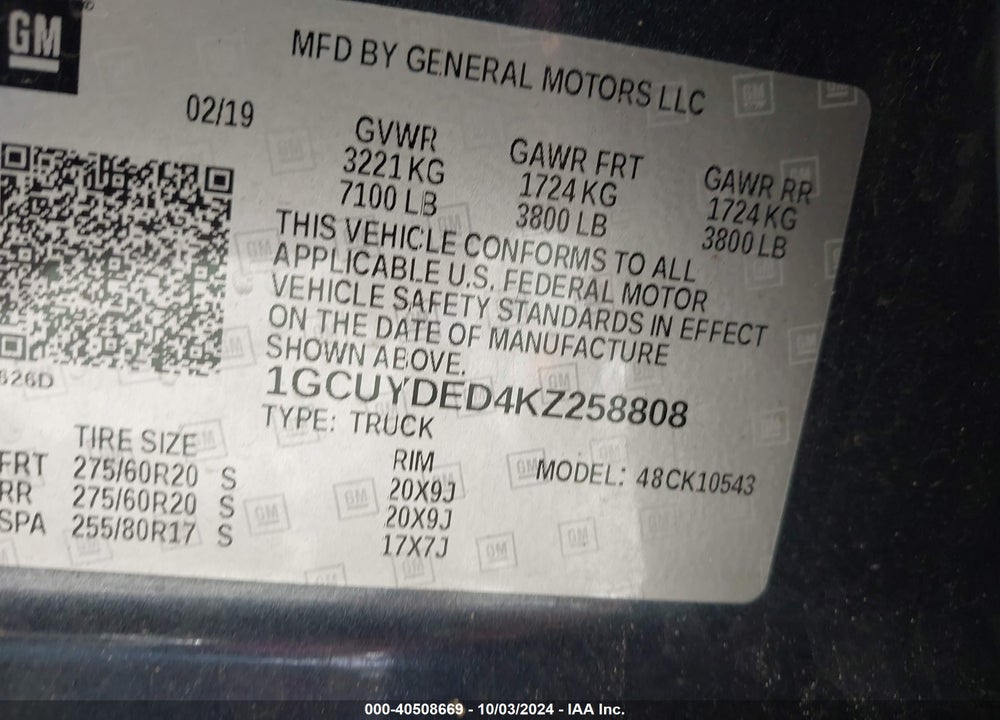 2019 CHEVROLET SILVERADO 1500 LT VIN: 1GCUYDED4KZ258808