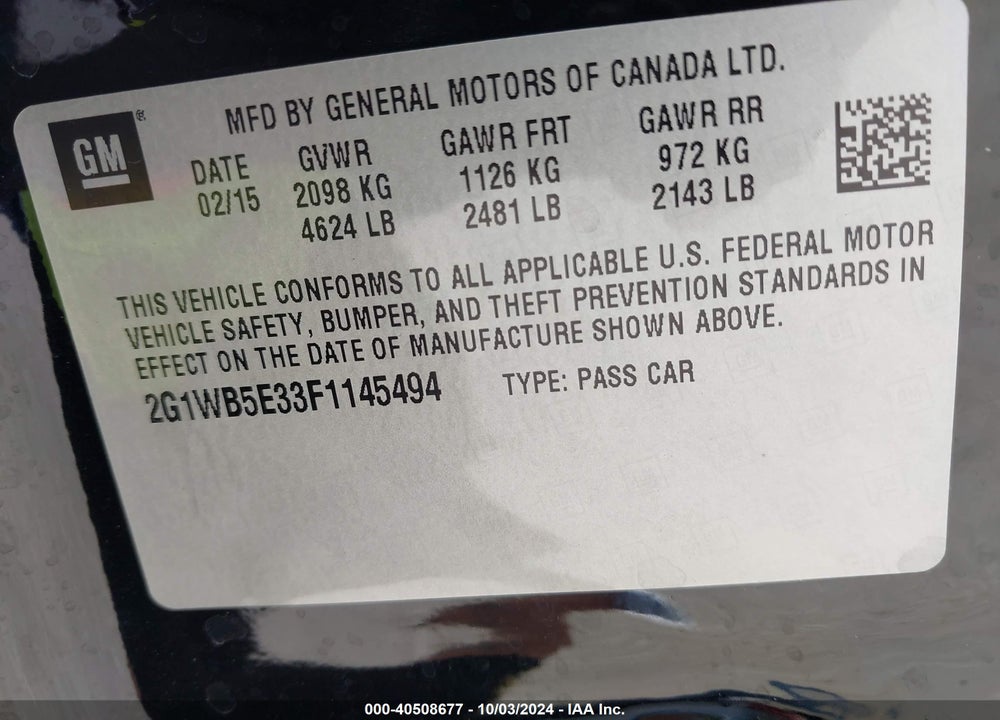 2015 CHEVROLET IMPALA LIMITED VIN: 2G1WB5E33F1145494