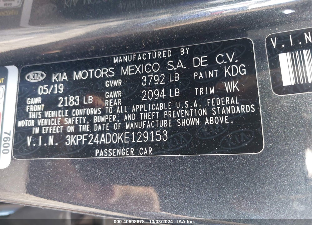 2019 KIA FORTE FE VIN: 3KPF24AD0KE129153