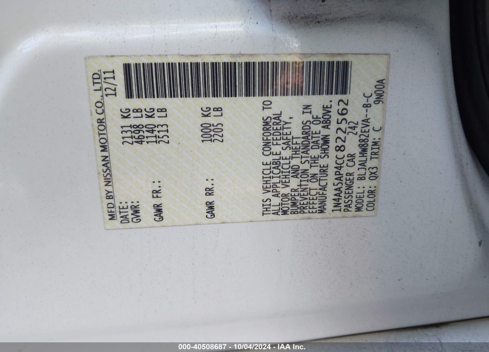 2012 NISSAN MAXIMA 3.5 SV VIN: 1N4AA5AP4CC822562