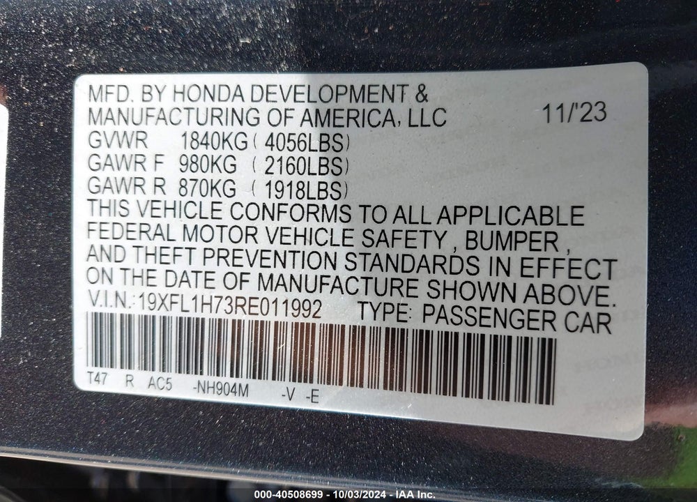 2024 HONDA CIVIC VIN: 19XFL1H73RE011992