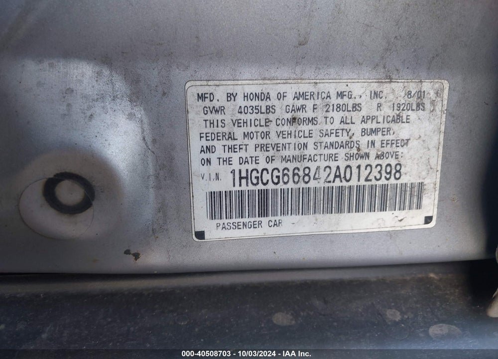 2002 HONDA ACCORD 2.3 EX/2.3 SE VIN: 1HGCG66842A012398