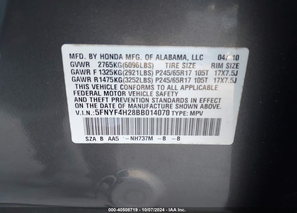 2011 HONDA PILOT LX VIN: 5FNYF4H28BB014070
