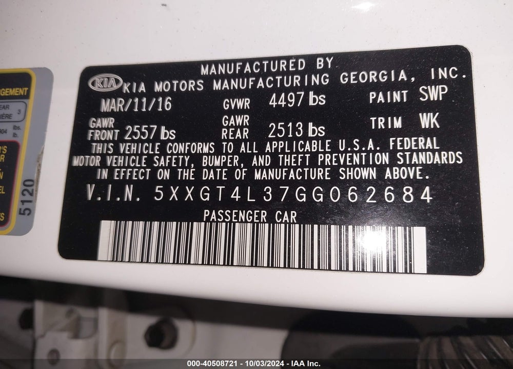 2016 KIA OPTIMA LX VIN: 5XXGT4L37GG062684