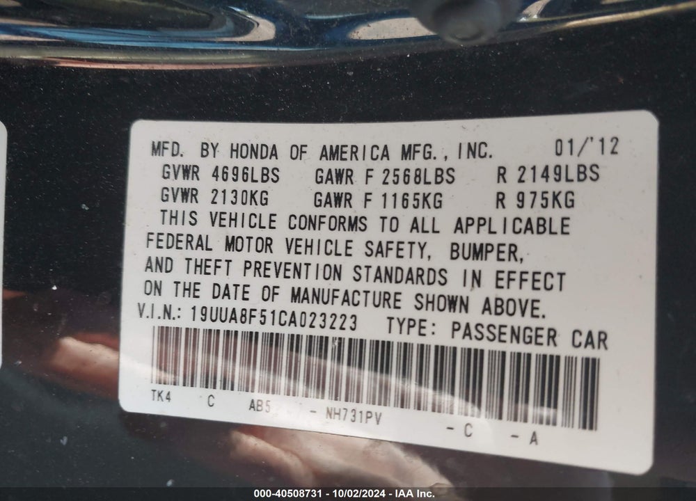 2012 ACURA TL 3.5 VIN: 19UUA8F51CA023223